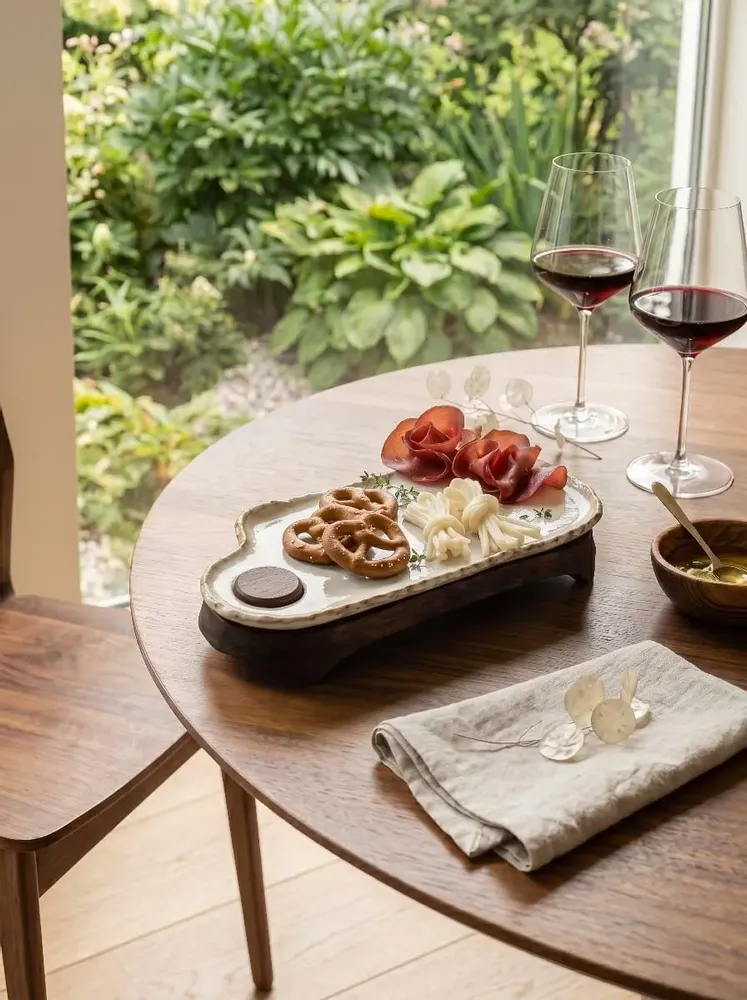 Platter and bowls - Handcrafted Ceramic Rectangular Serving Tray with Wooden Base - DASTHAA