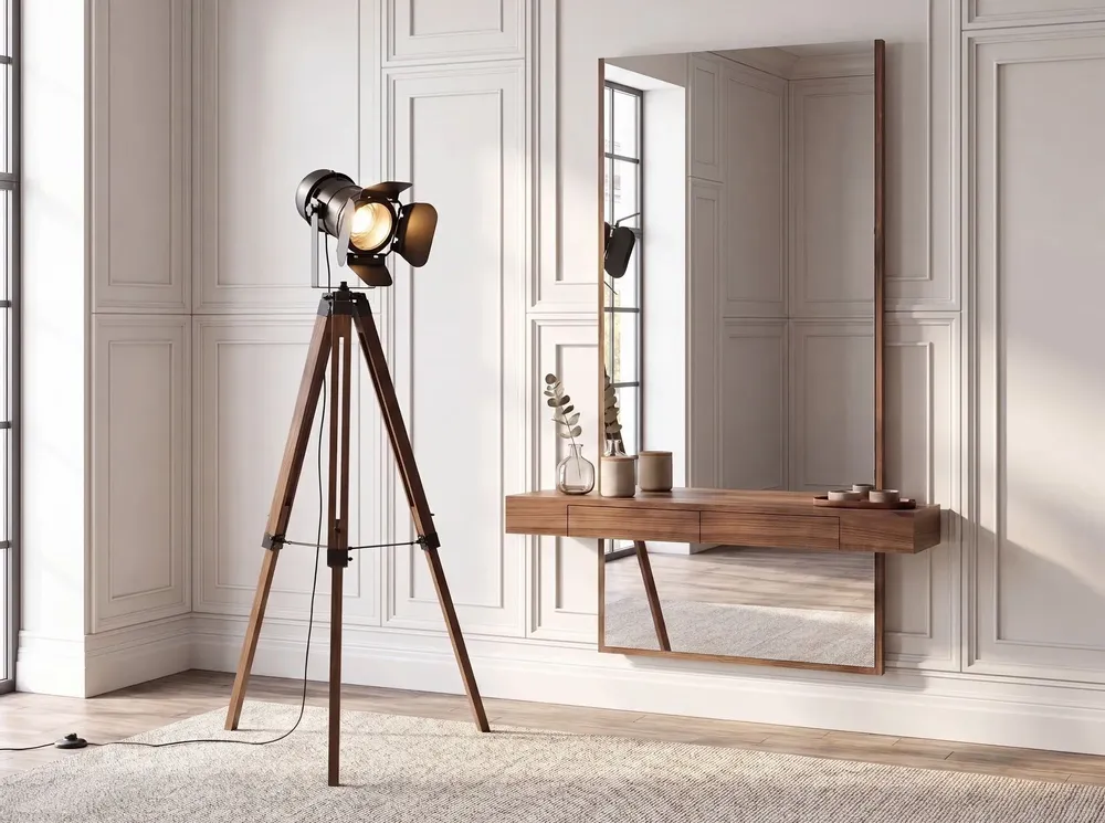 Floor lamps - Floor lamp in black steel and walnut-coloured pine wood - ANGEL CERDÁ