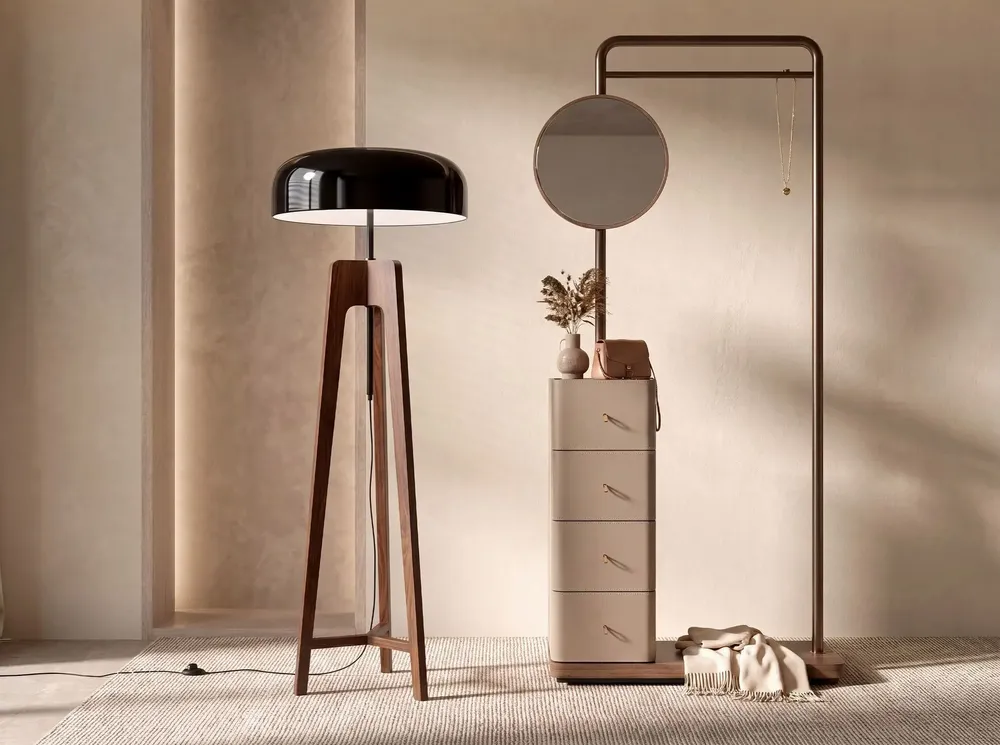 Floor lamps - Floor lamp in black and white aluminium and walnut-coloured pine wood - ANGEL CERDÁ