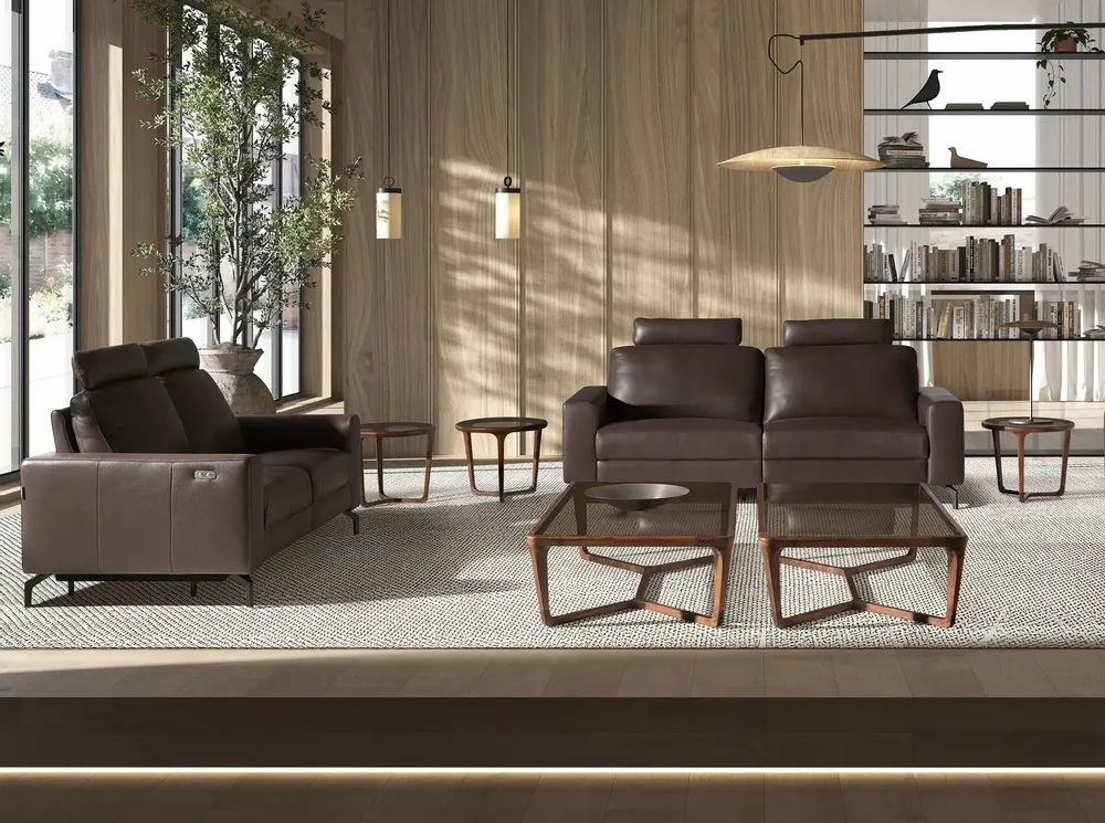 Sofas - 2-Seater Chocolate Brown Leather Recliner Sofa - ANGEL CERDÁ