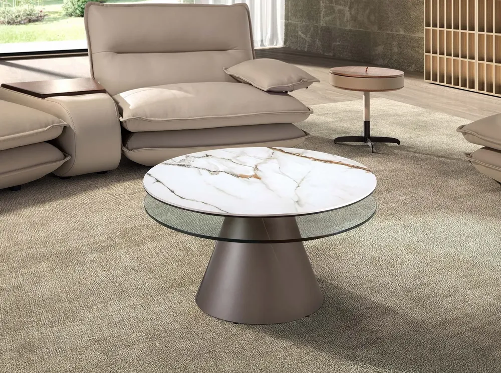 Coffee tables - Extendable round coffee table in tempered glass, porcelain marble and silver-grey steel - ANGEL CERDÁ