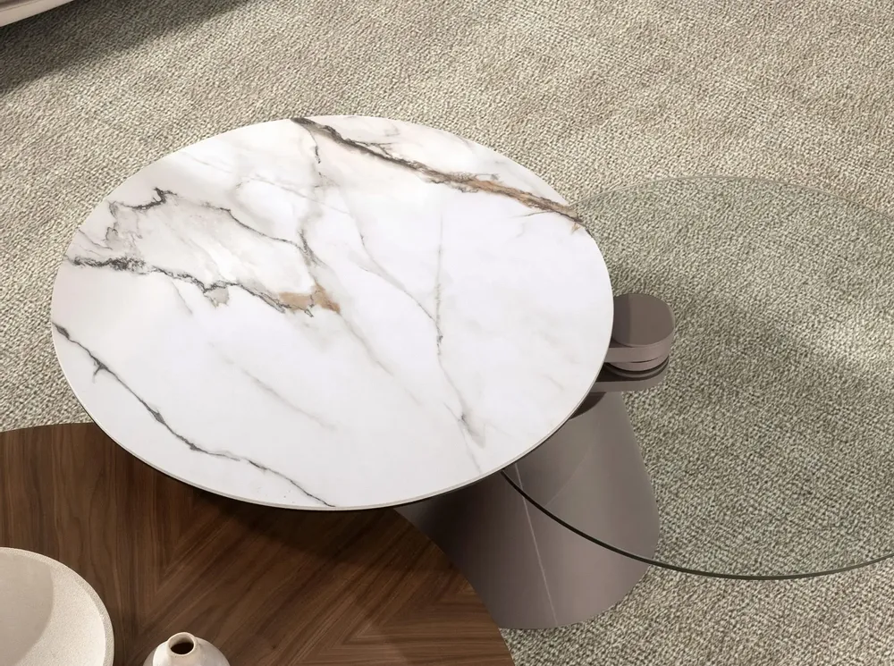 Coffee tables - Extendable round coffee table in tempered glass, porcelain marble and silver-grey steel - ANGEL CERDÁ