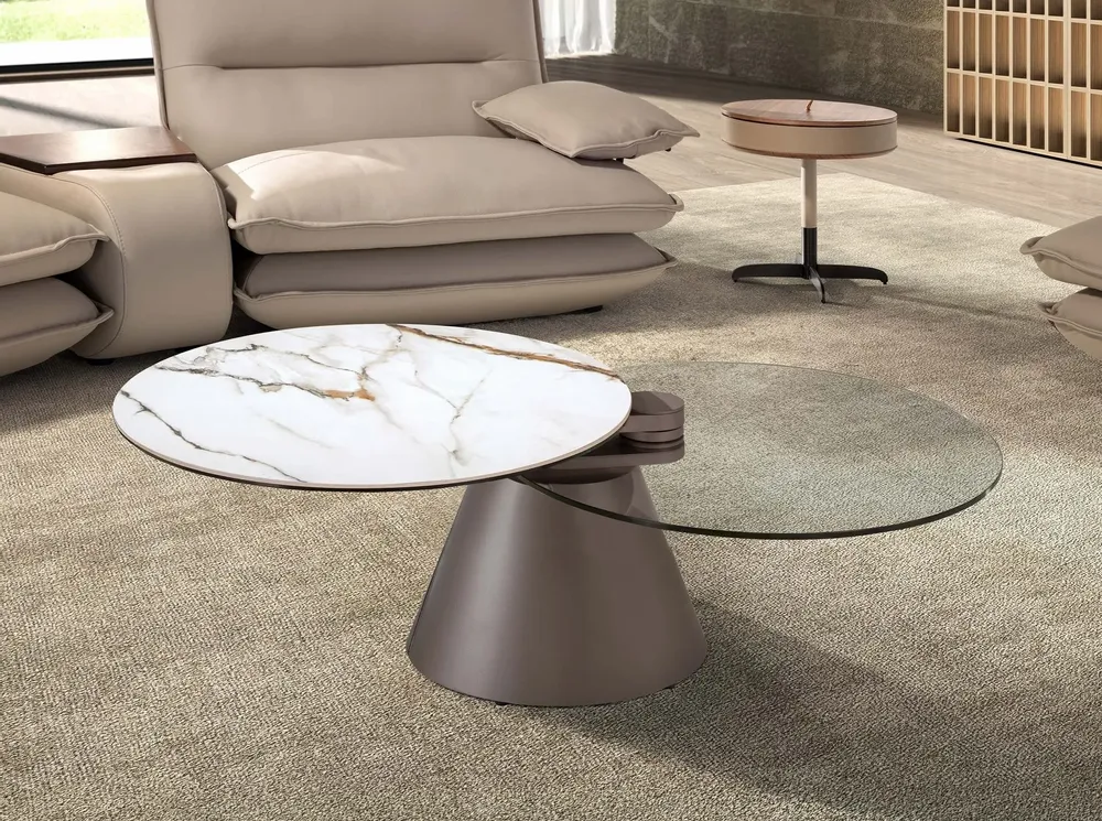 Coffee tables - Extendable round coffee table in tempered glass, porcelain marble and silver-grey steel - ANGEL CERDÁ