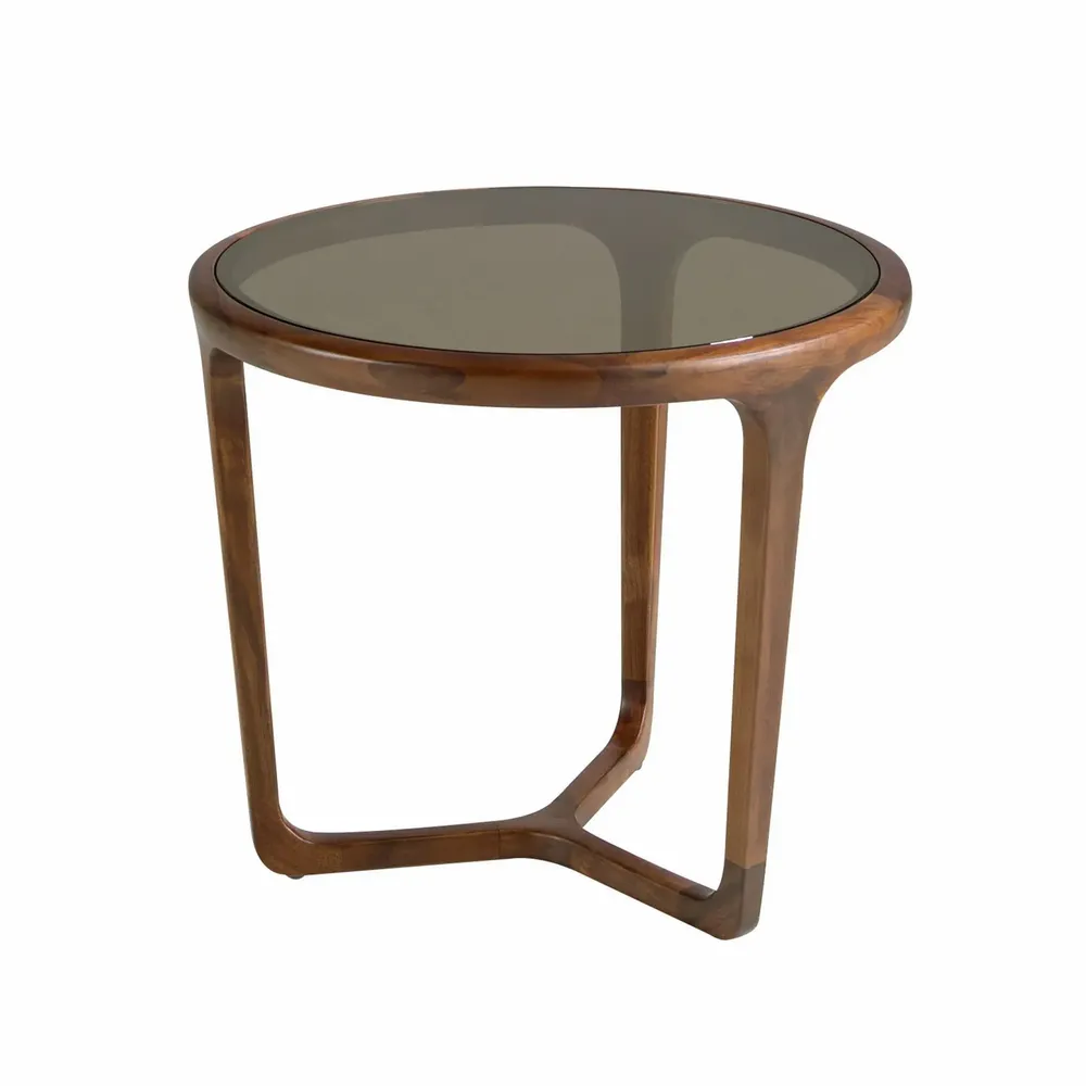 Tables basses - Table d’appoint ronde en verre fumé marron et noyer - ANGEL CERDÁ