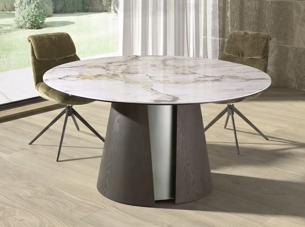 Dining Tables - Round dining table in porcelain marble, dark ash oak and silver-coloured wood - ANGEL CERDÁ