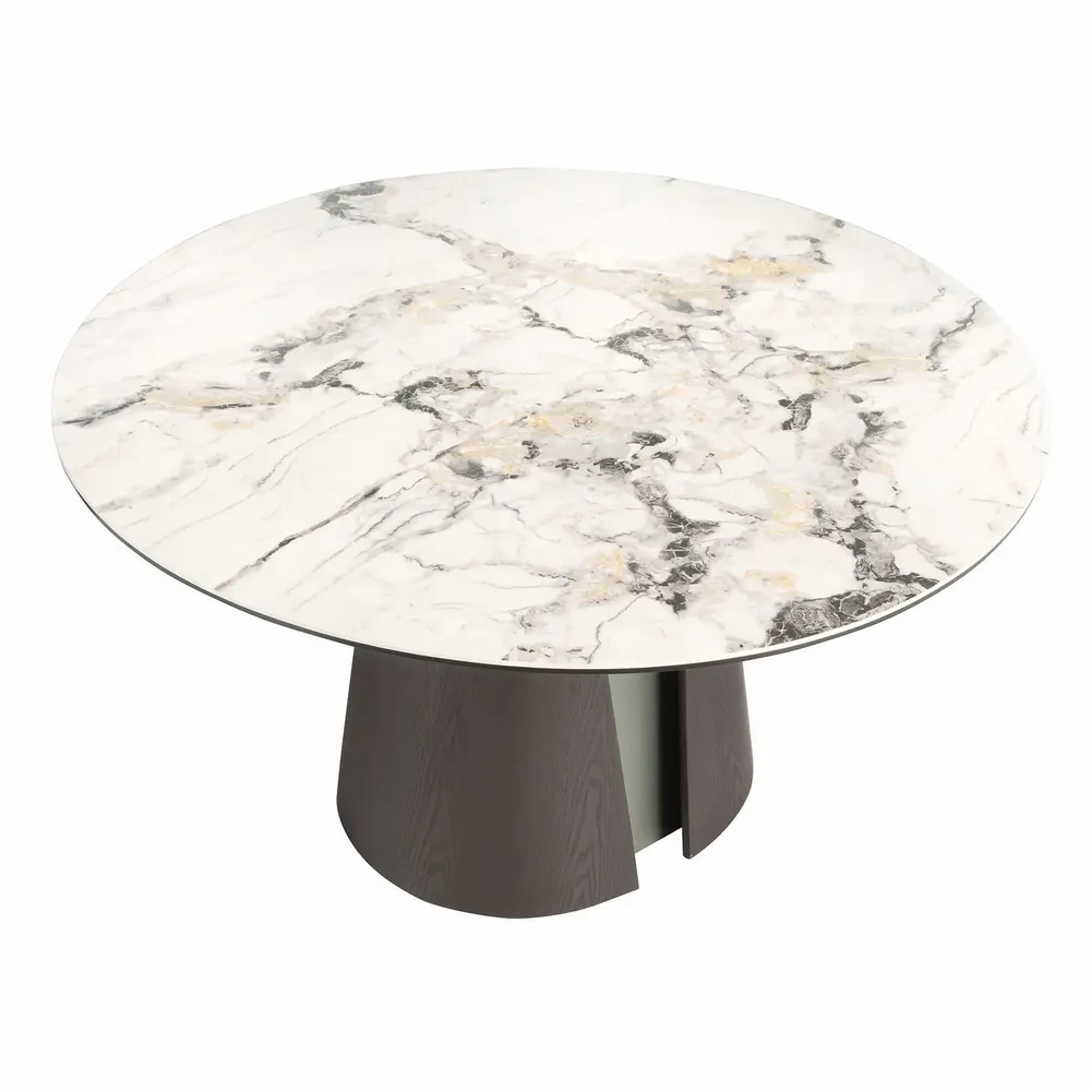 Dining Tables - Round dining table in porcelain marble, dark ash oak and silver-coloured wood - ANGEL CERDÁ