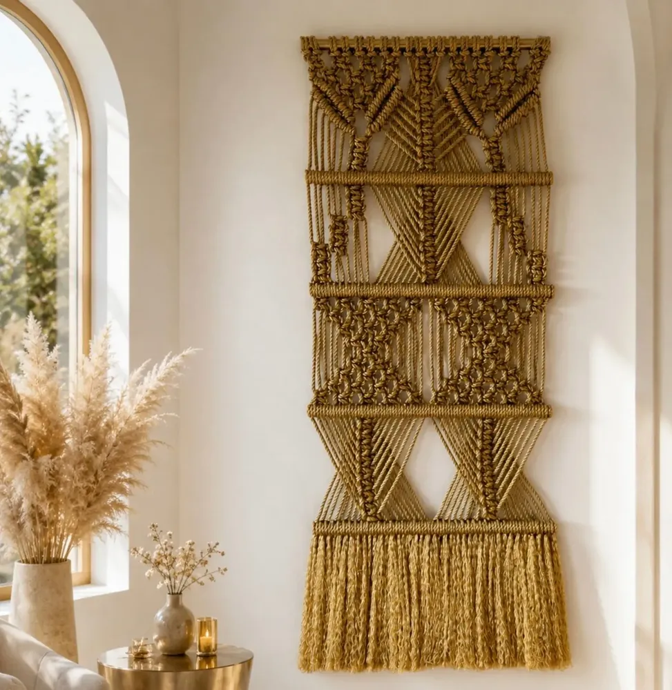 Tapestries - Golden Macramé Wall Hanging – Handcrafted Textile Art - NŒULUXE