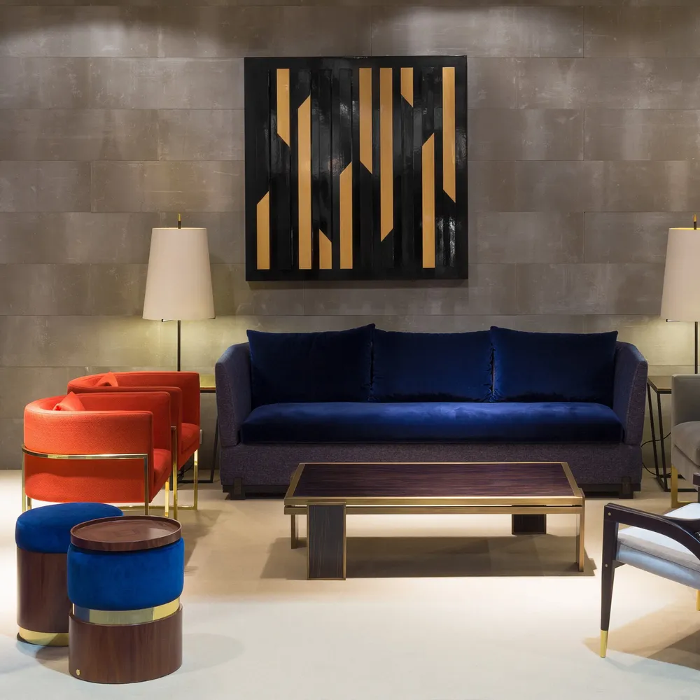 Stools for hospitalities & contracts - Lune B Round Pouf diam 40cm, Fabric seat, Brass & wood Base - DUISTT