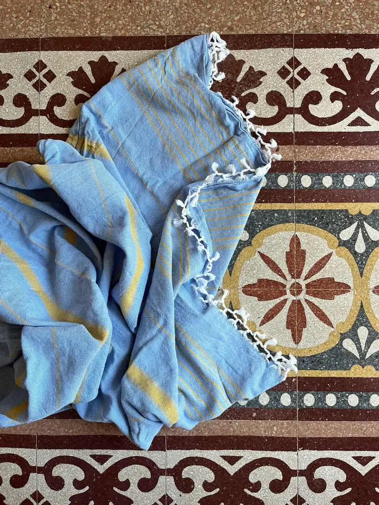 Autres linges de bain - fouta XL bleu/jaune moutarde 220x160cm - OTTOMANIA