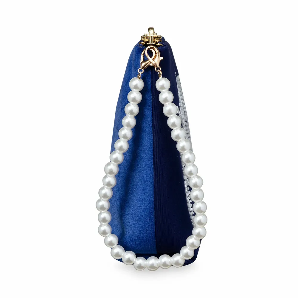 Stationery - Elegant large pouch deep blue with embroidered pearl flowers - BIEN MOVES