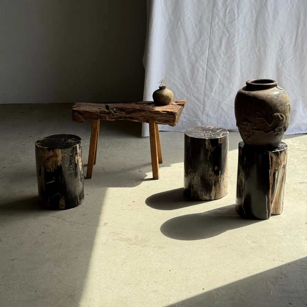 Stools - Black petrified wood side table beige side H35 D24 - 3352 - OFFICE OBJETS