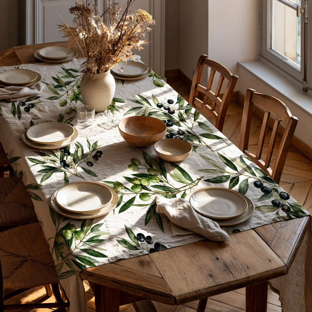 Table linen - 100% linen tablecloth Olives 140x250cm - NORRAVILLA