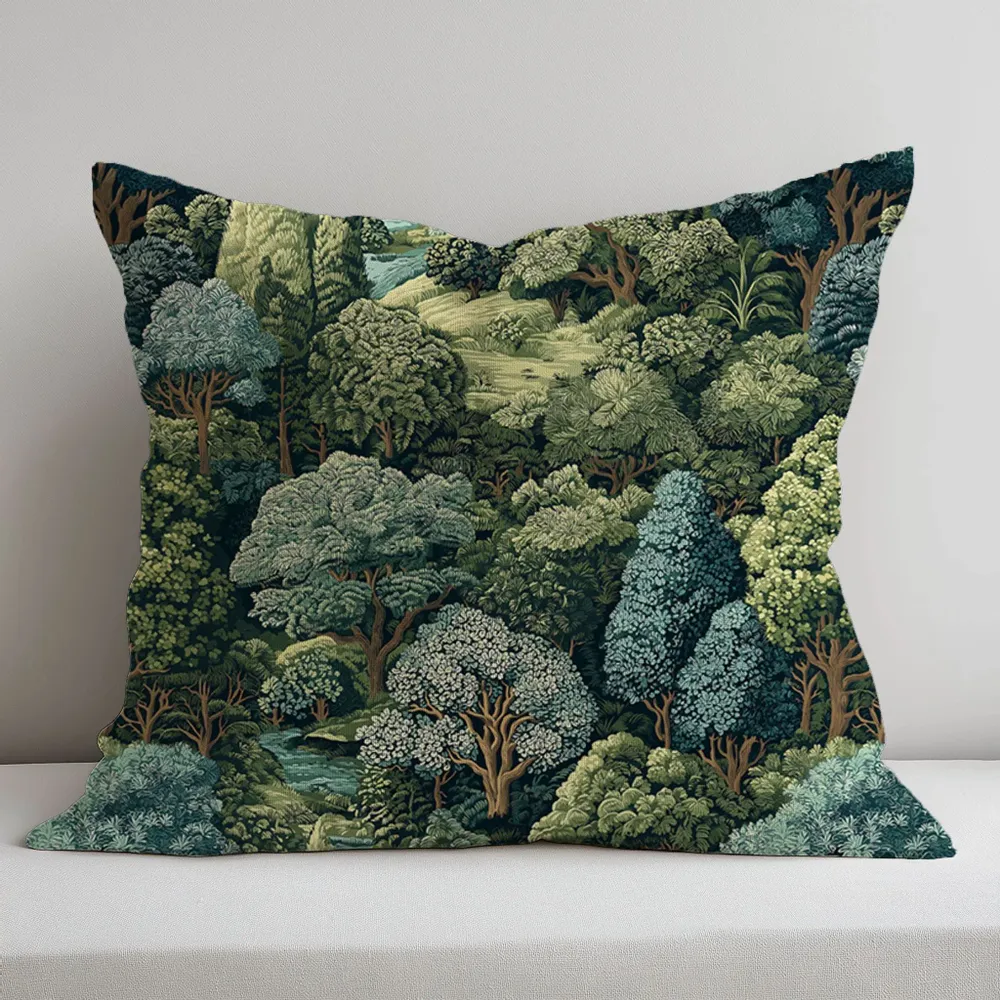 Fabric cushions - 100% linen pilowcase - Green forest - Verdure tapestry print - NORRAVILLA
