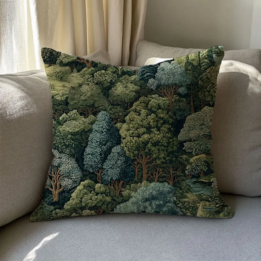 Fabric cushions - 100% linen pilowcase - Green forest - Verdure tapestry print - NORRAVILLA