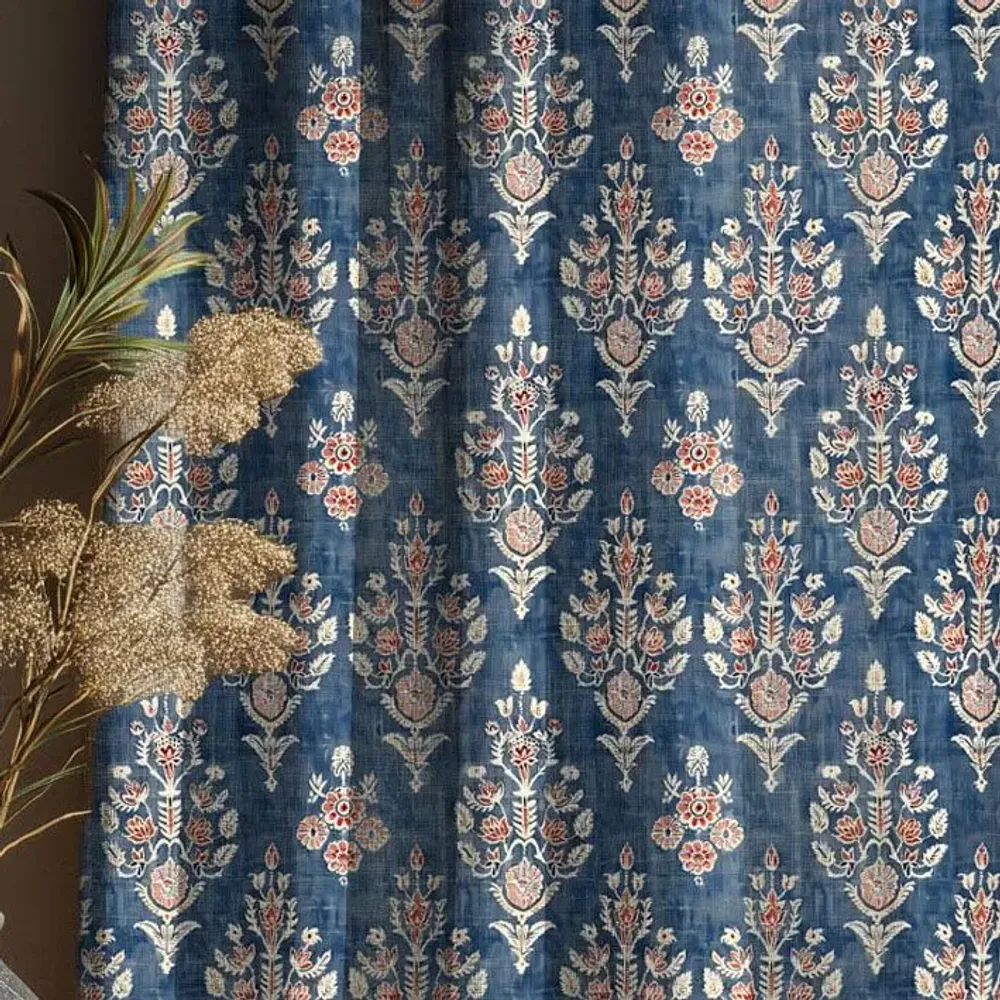Curtains and window coverings - 100% Linen Curtains  - Indian blue print on heavy linen - NORRAVILLA