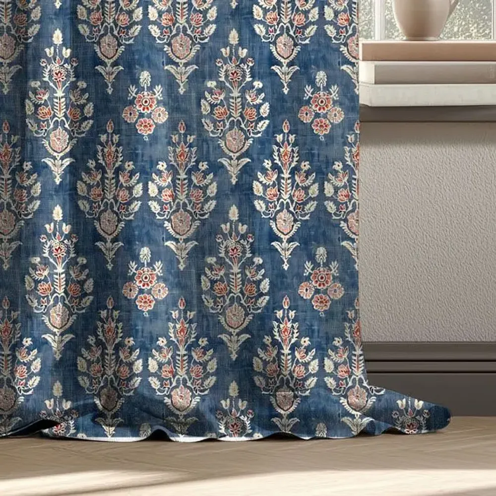 Curtains and window coverings - 100% Linen Curtains  - Indian blue print on heavy linen - NORRAVILLA