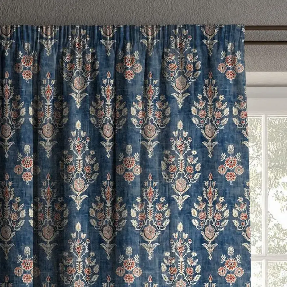 Curtains and window coverings - 100% Linen Curtains  - Indian blue print on heavy linen - NORRAVILLA