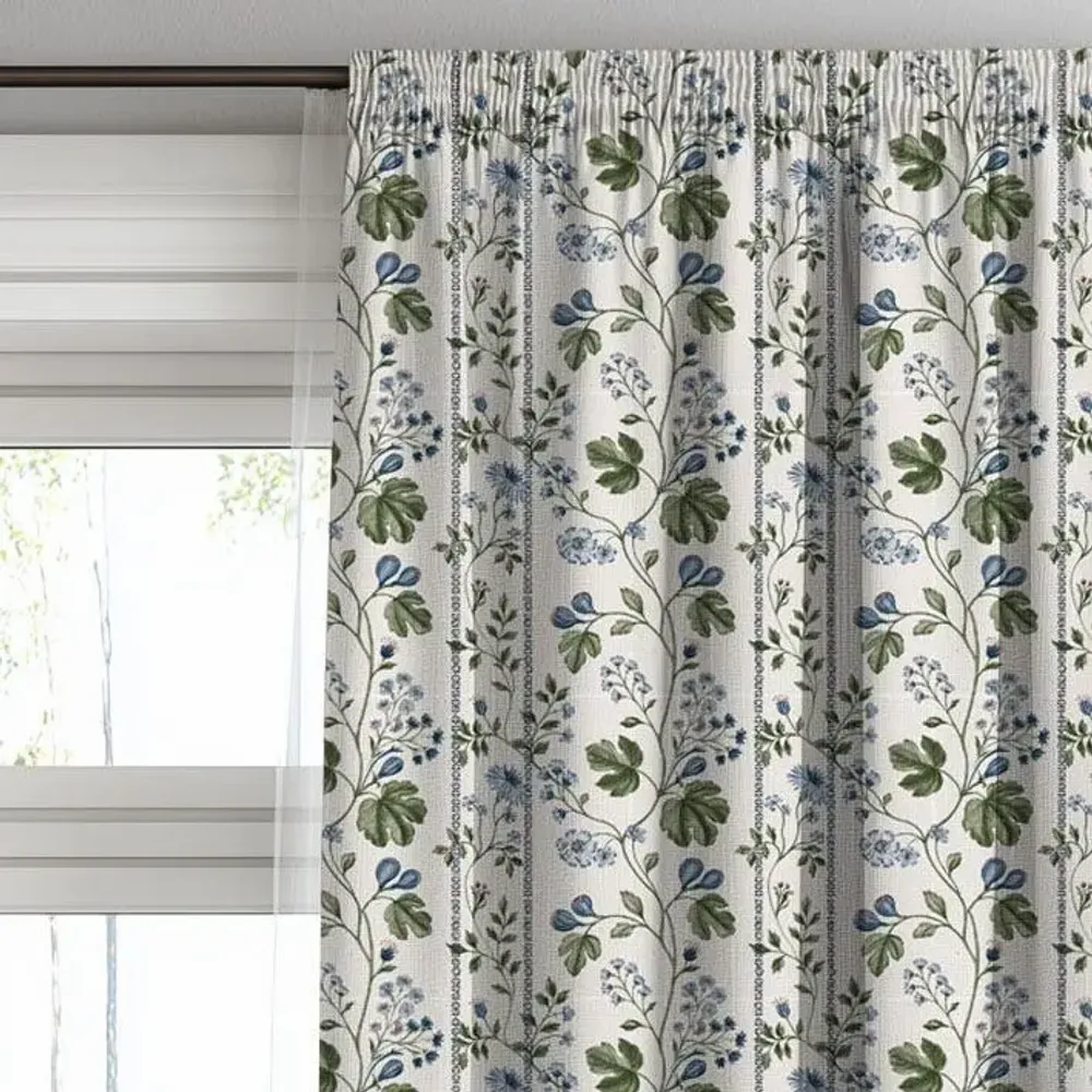Curtains and window coverings - 100% Linen Curtains  - Beige floral  print on heavy linen - NORRAVILLA