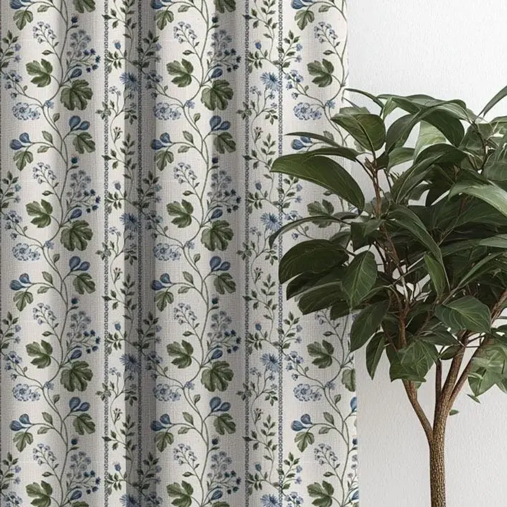 Curtains and window coverings - 100% Linen Curtains  - Beige floral  print on heavy linen - NORRAVILLA