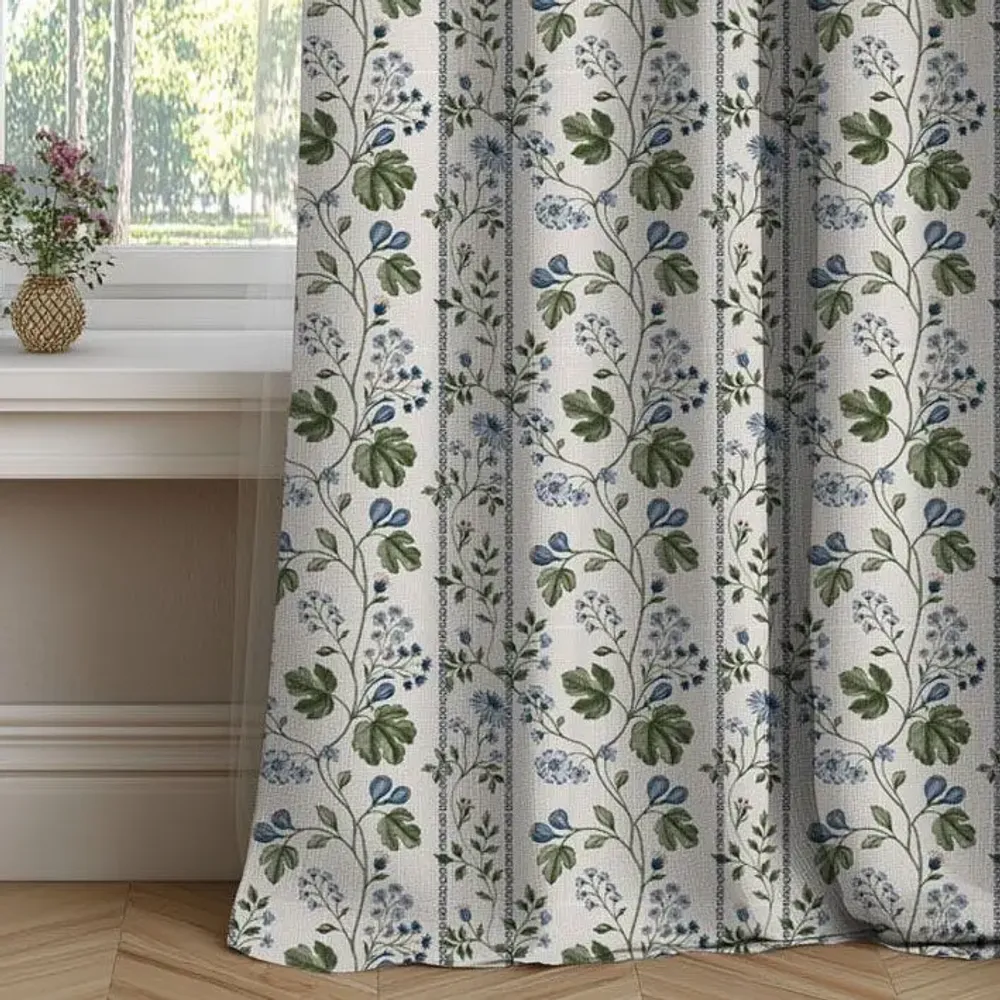 Curtains and window coverings - 100% Linen Curtains  - Beige floral  print on heavy linen - NORRAVILLA