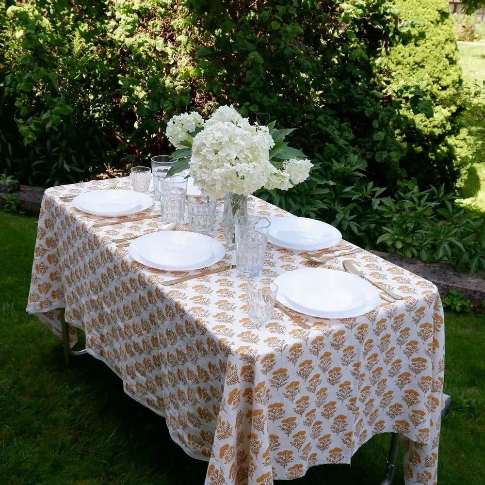 Table cloths - 100% linen tablecloth - Floral Yellow Tansy print on heavy linen - NORRAVILLA