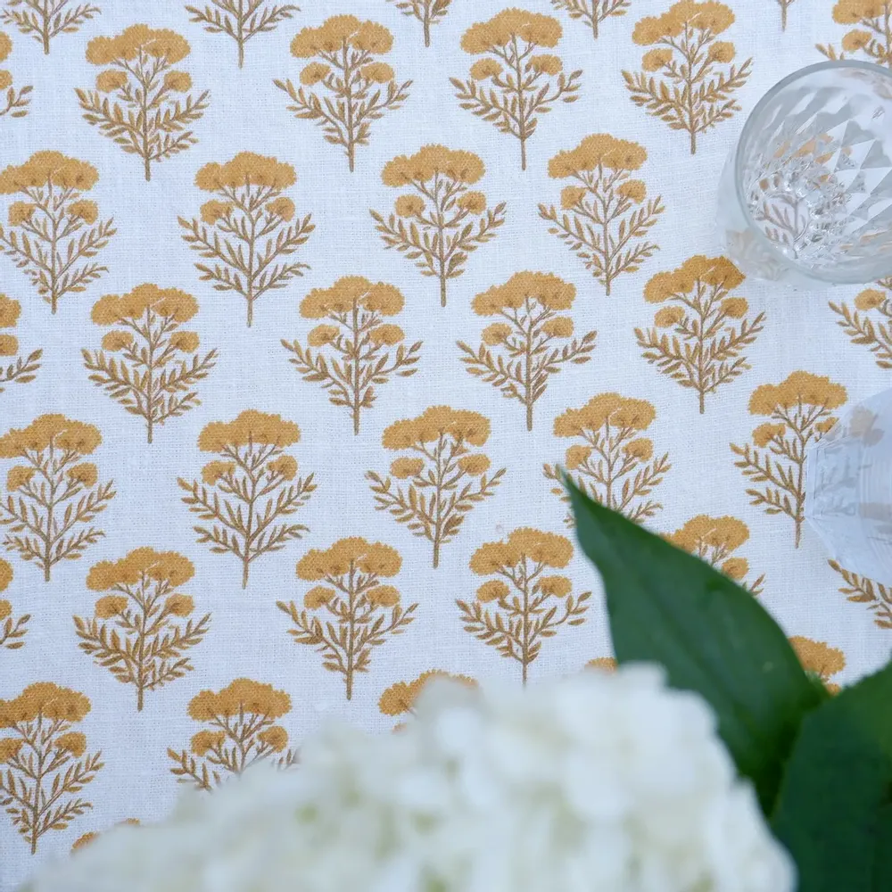 Table cloths - 100% linen tablecloth - Floral Yellow Tansy print on heavy linen - NORRAVILLA