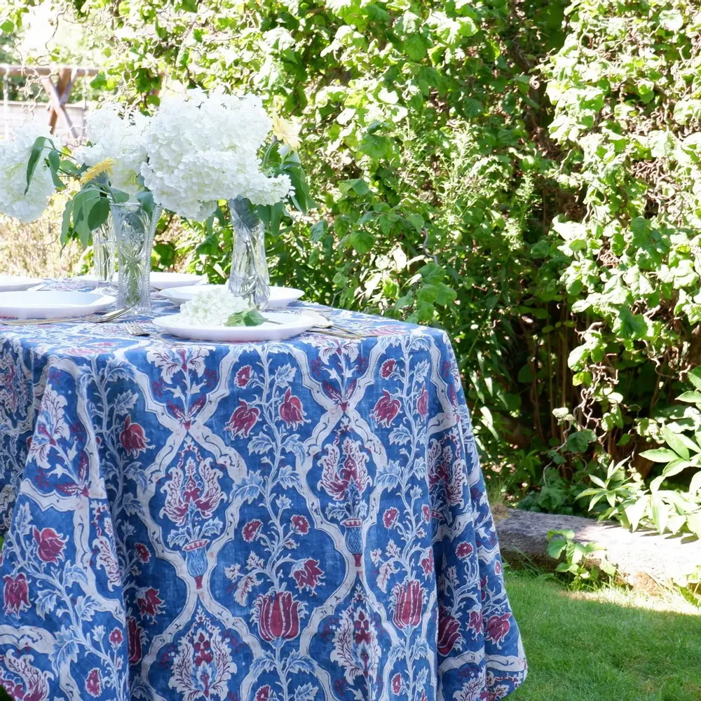 Table cloths - 100% linen tablecloth - Blue Indian floral print on heavy linen - NORRAVILLA