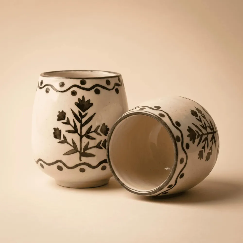 Carafes - Floral Motif Drink cup | Hand-Painted Ceramic Stoneware | 3 Inch - CASA AMAROSA