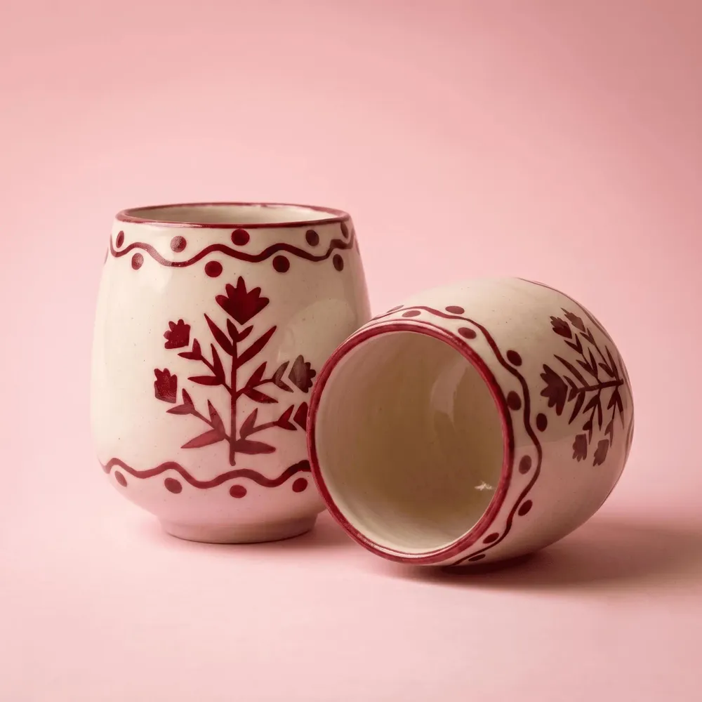 Carafes - Floral Motif Drink cup | Hand-Painted Ceramic Stoneware | 3 Inch - CASA AMAROSA