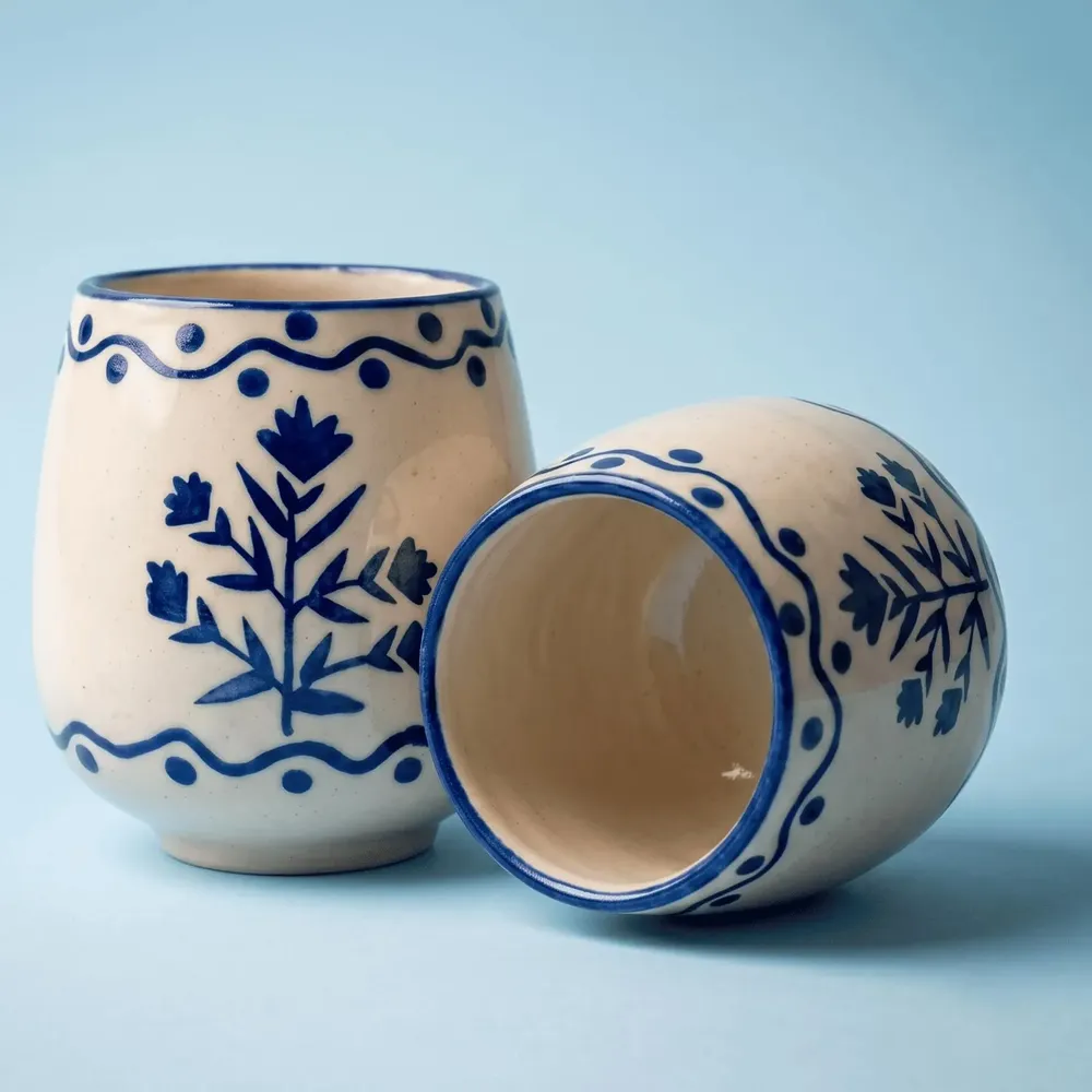 Carafes - Floral Motif Drink cup | Hand-Painted Ceramic Stoneware | 3 Inch - CASA AMAROSA