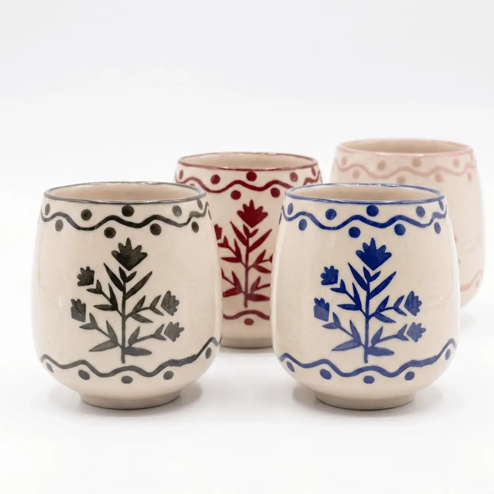 Carafes - Floral Motif Drink cup | Hand-Painted Ceramic Stoneware | 3 Inch - CASA AMAROSA