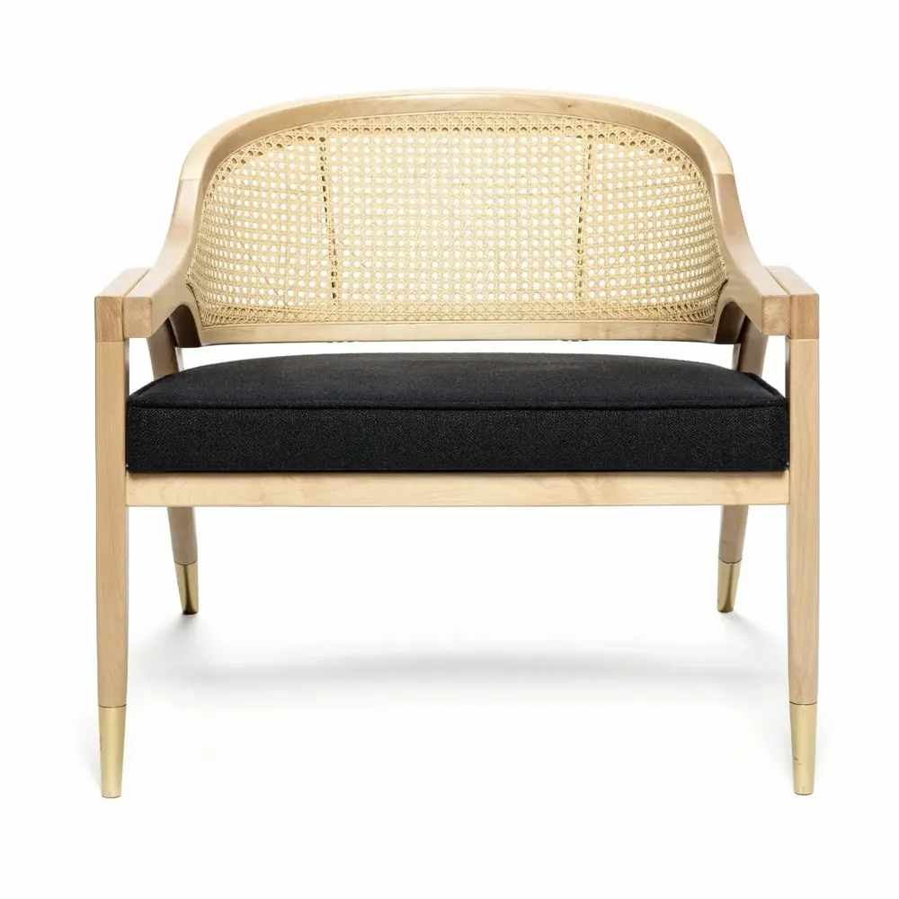 Lounge chairs for hospitalities & contracts - Low Lounge Armchair Wormley, seat fur, frame solid wood, cane & brass - DUISTT