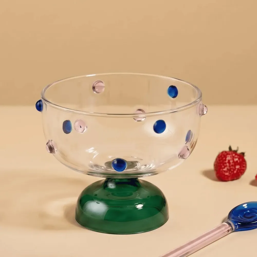 Glass - Borosilicate Glass Dessert Bowl | Confetti Dot Rim | 4x3 In - CASA AMAROSA