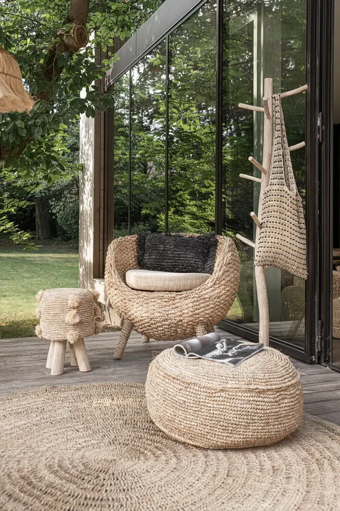 Stools - The Raffia Pom Pom Stool - BAZAR BIZAR LIVING