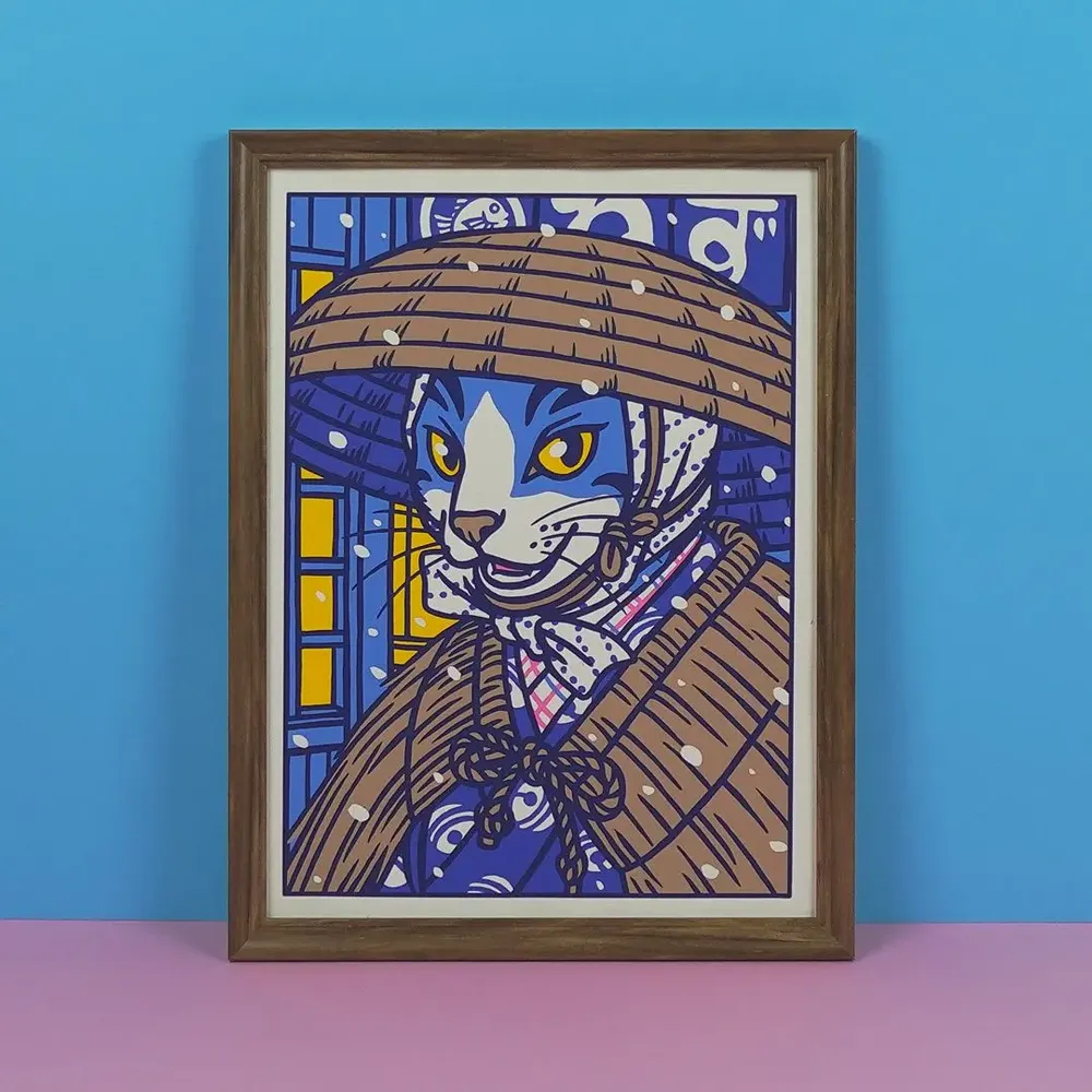 Affiches - Affiche "Chat quittant un restaurant sous la neige" - Format 30x40cm - YEAAAH! STUDIO