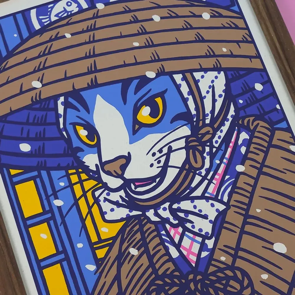 Affiches - Affiche "Chat quittant un restaurant sous la neige" - Format 30x40cm - YEAAAH! STUDIO