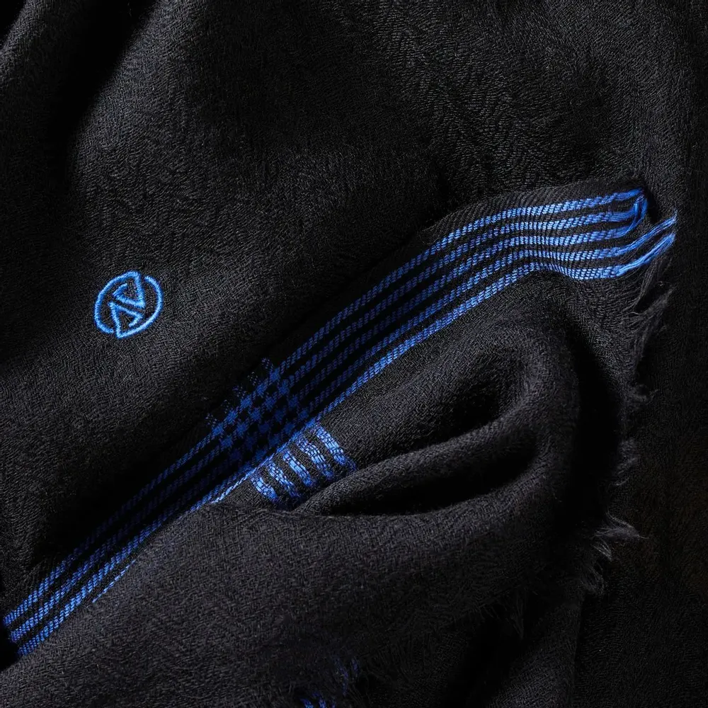 Scarves - DYRHOLAEY MEN'S SCARF — PLAIN BLACK WITH BLUE WOOL BORDER - AV08 PARIS