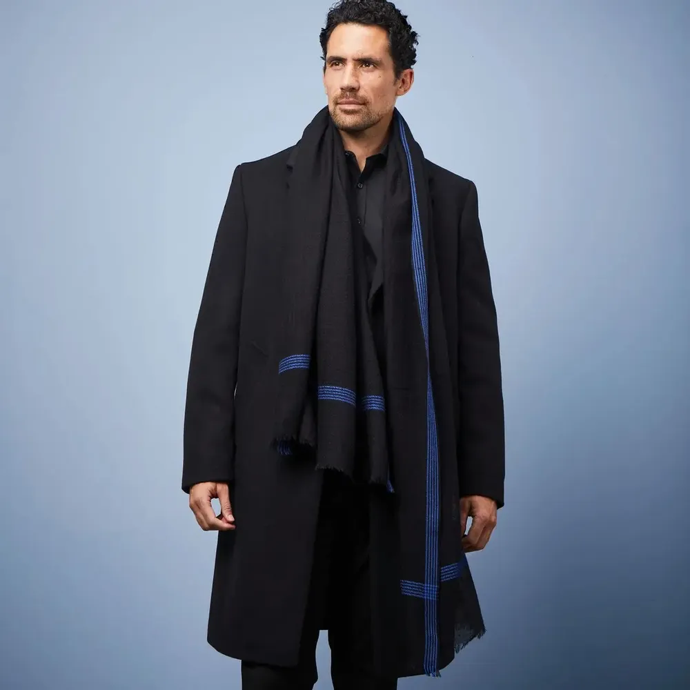 Scarves - DYRHOLAEY MEN'S SCARF — PLAIN BLACK WITH BLUE WOOL BORDER - AV08 PARIS