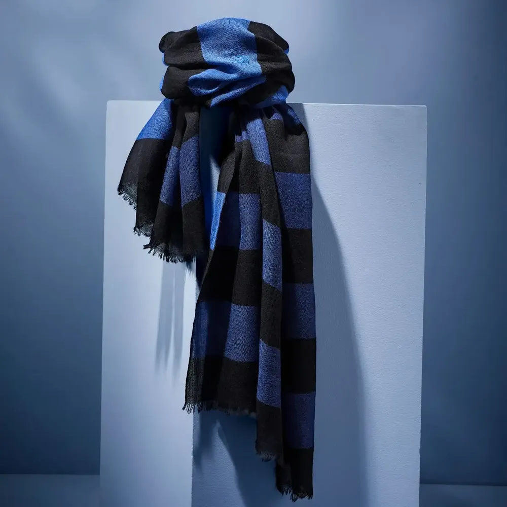 Scarves - SVINOY MEN'S SCARF — WIDE BLACK & ROYAL BLUE WOOL STRIPES - AV08 PARIS