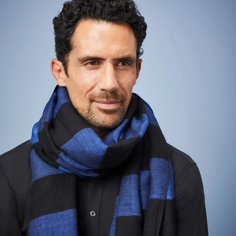 Scarves - SVINOY MEN'S SCARF — WIDE BLACK & ROYAL BLUE WOOL STRIPES - AV08 PARIS