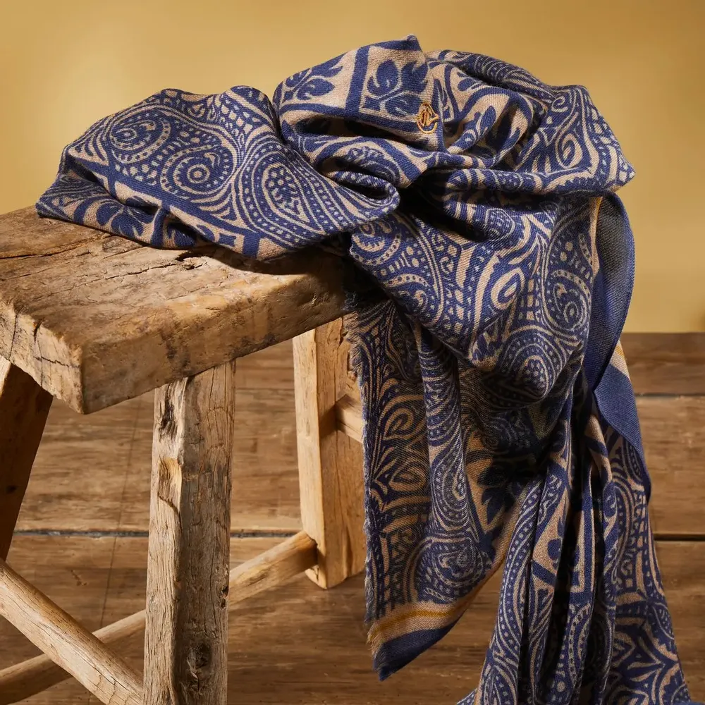 Scarves - BANGARAM MEN'S SCARF — BEIGE & INDIGO BLUE PRINTED PATTERNS IN WOOL - AV08 PARIS