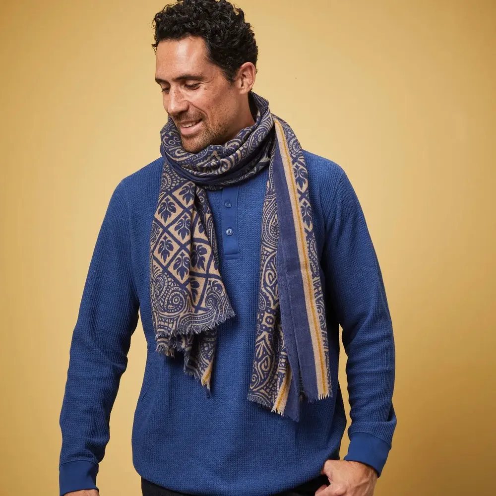 Scarves - BANGARAM MEN'S SCARF — BEIGE & INDIGO BLUE PRINTED PATTERNS IN WOOL - AV08 PARIS