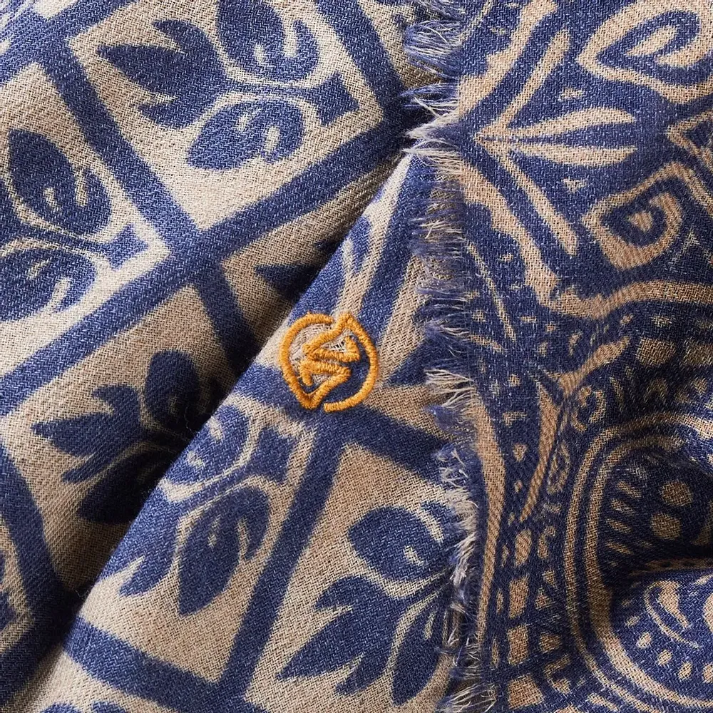 Scarves - BANGARAM MEN'S SCARF — BEIGE & INDIGO BLUE PRINTED PATTERNS IN WOOL - AV08 PARIS