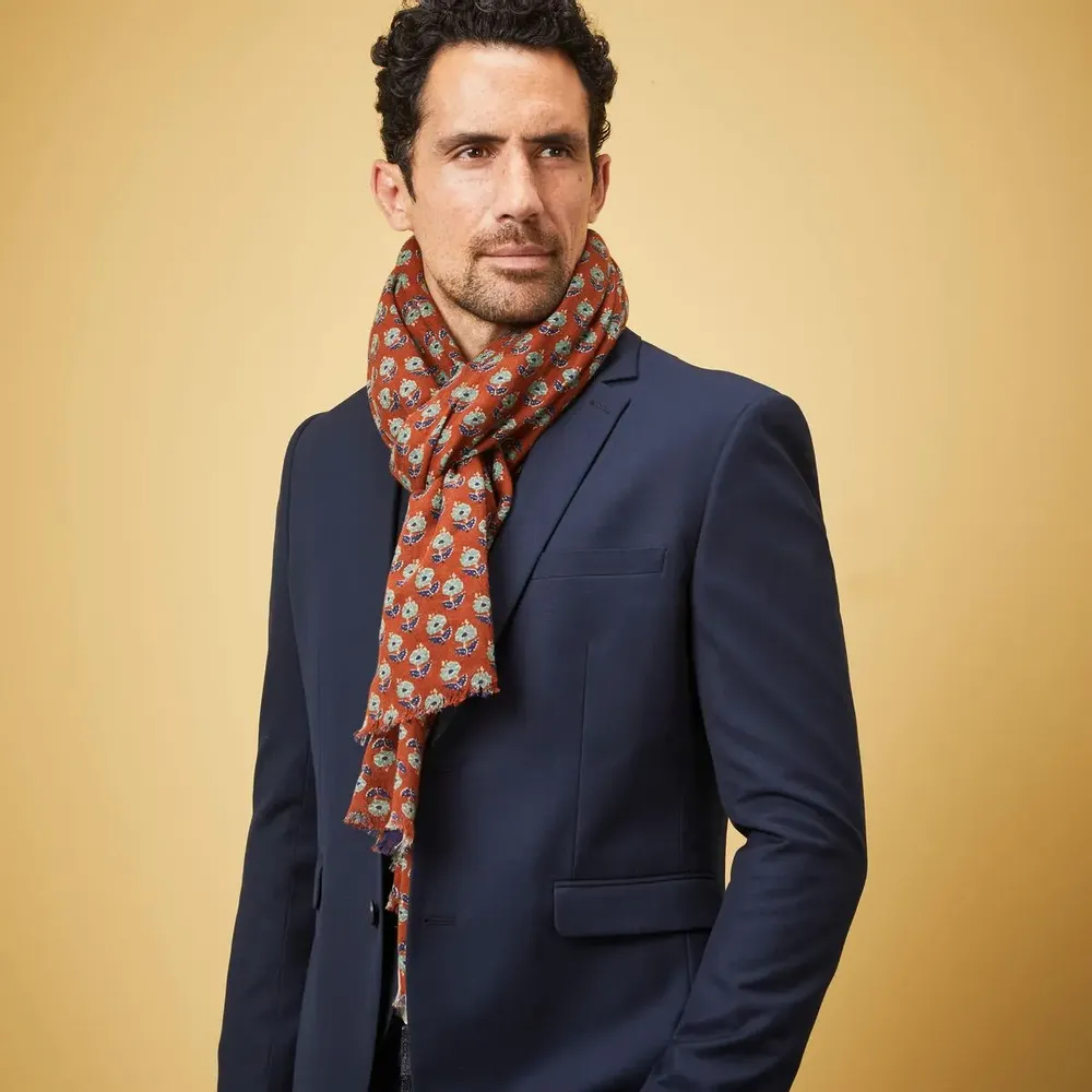 Scarves - KADMAT MEN'S SCARF — FLORAL PATTERNS PRINTED CAMEL & BLUE ORGANIC COTT - AV08 PARIS