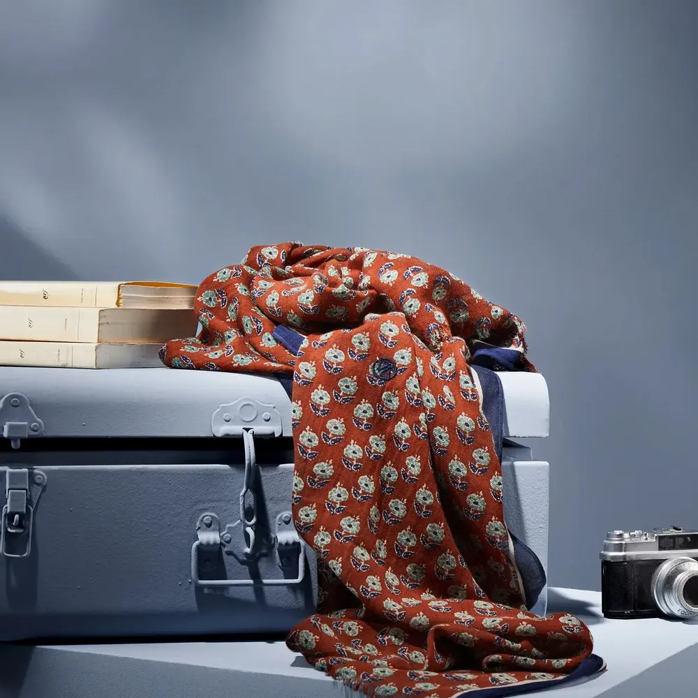 Scarves - KADMAT MEN'S SCARF — FLORAL PATTERNS PRINTED CAMEL & BLUE ORGANIC COTT - AV08 PARIS