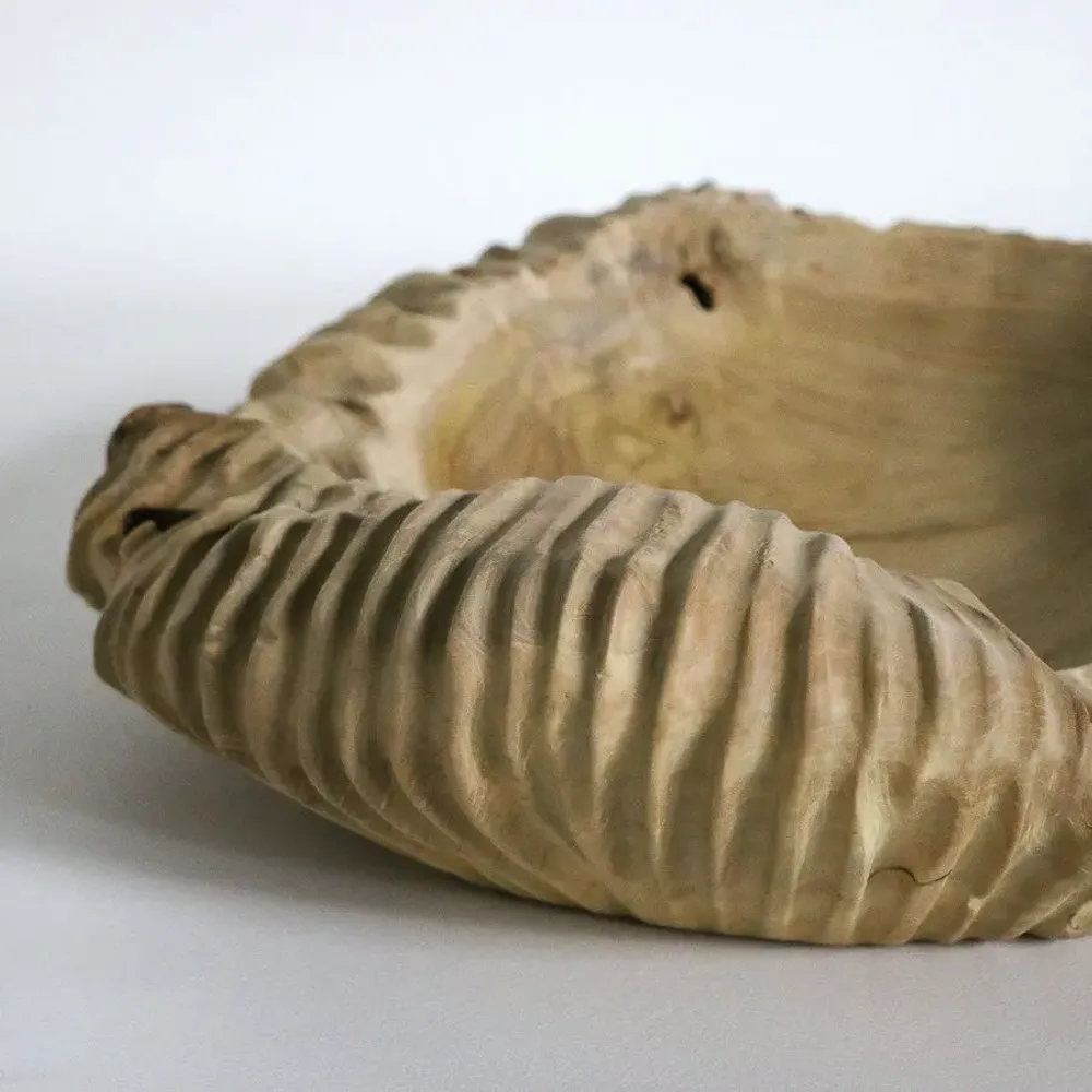 Decorative objects - Large striated bowl/tray in bleached teak - 40 cm - DESIGN TRIP