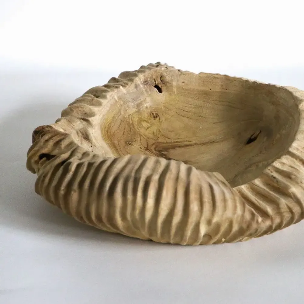 Decorative objects - Large striated bowl/tray in bleached teak - 40 cm - DESIGN TRIP