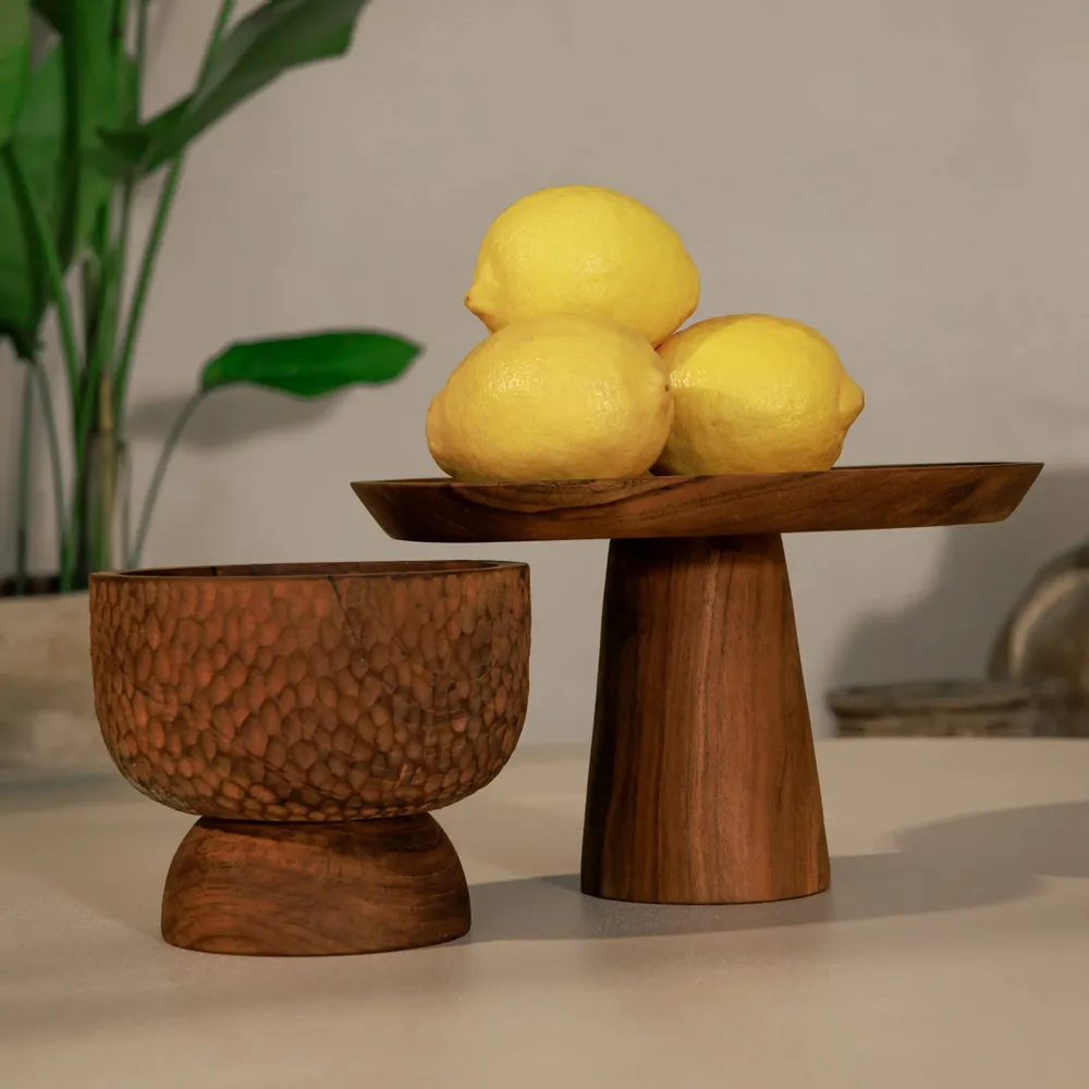 Platter and bowls - Gata solid teak cake stand - DESIGN TRIP