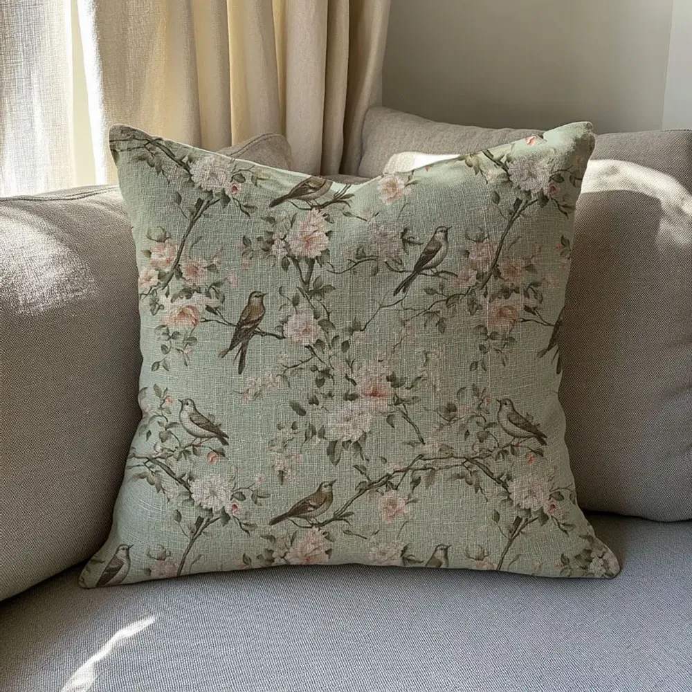 Coussins textile - Taie d'oreiller 100 % lin - Toile de Jouy, oiseaux en fleurs printaniè - NORRAVILLA