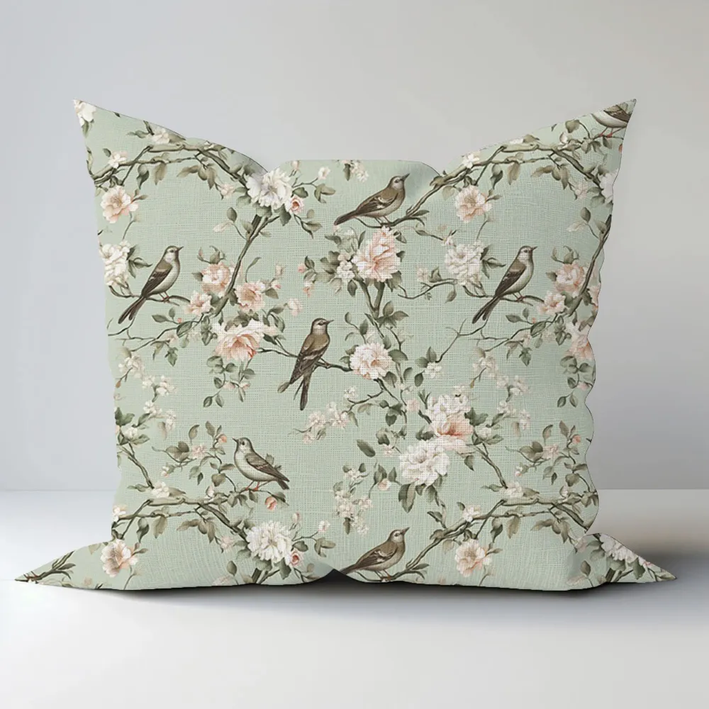 Coussins textile - Taie d'oreiller 100 % lin - Toile de Jouy, oiseaux en fleurs printaniè - NORRAVILLA